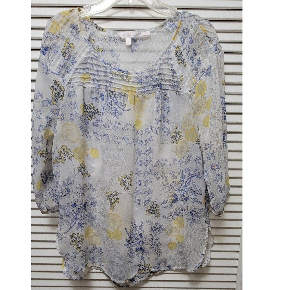 Floral Pintuck Sheer Layering Blouse Blue Yellow White Flowy Airy Feminine Large